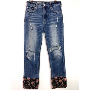 Pilcro Blue Straight Leg Jeans with Floral Cuffs